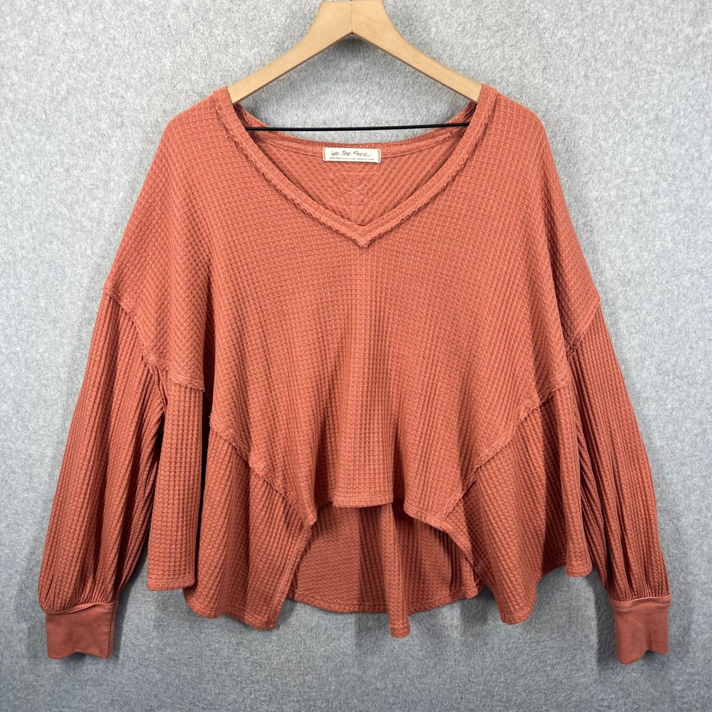 We The Free Thermal Top Womens XS Orange V-Neck Waffle Knit High Low NWOT